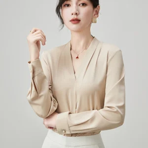 Ele Matte Satin Long Sve irt Office Stand Collar Simple Classy Inner Wear irt Knowlable Beige High End Women's... - AliExpress Shirts & Blouses