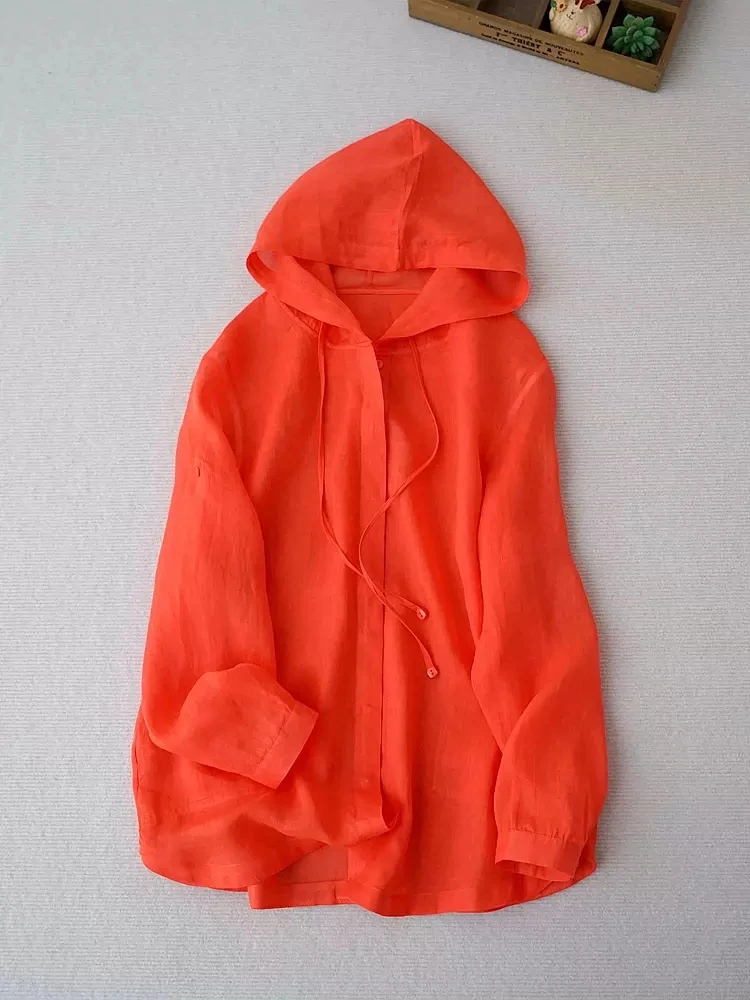 120cm Bust Spring Summer Women All-match Basics Loose Hooded Comfortable Water Washed Thin Light Ramie Shirts/Blouse - AliExpress Shirts & Blouses