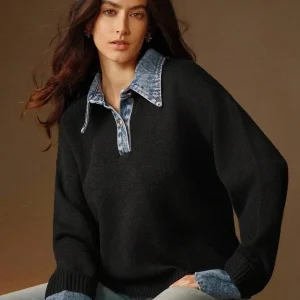 Women's Denim Collar Knit Pullover Sweater, Loose Fit, Fall Winter Casual Style - AliExpress Sweaters&Jumpers
