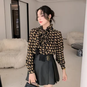 2025 Autumn Women's Dog Printed Mulberry Silk Shirt Fashion Lace-up Bow Tassel Vintage Blouse - AliExpress Shirts & Blouses