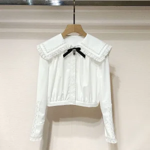 Chic Short Navy Collar Lace Trim Women's Shirt Sweet Top Base Layer Shirt Breathable Cotton Polyester Blend Long Sleeve - AliExpress Shirts & Blouses