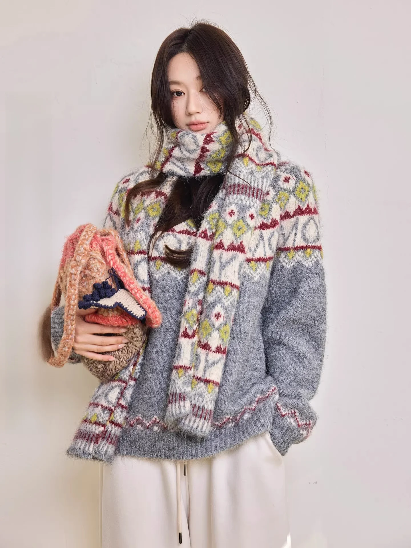 Camelux High Wool Content Knitted Sweater Original Design Loose Fit Fair Isle Patterned Scarf Briti Sle round Ne Long S... - AliExpress Sweaters&Jumpers