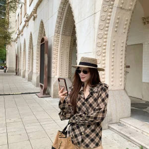 New 307 Benxe Manhattan ape Loose irt Women's Casual Sle Pure Cotton Long Sve Plaid Pattern Dstring Meat Covering - AliExpress Shirts & Blouses
