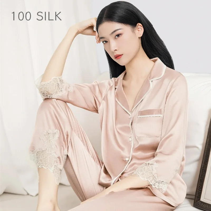 Premium 19 Momme 100% Mulberry Silk Pajama Set Elegant Lace Trimmed Cardigan & Trousers Pijamas Loungewear PJ for Spring & Fall - AliExpress Women's Sleep & Lounge