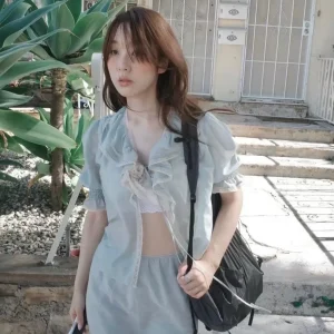 Korean Style V-Neck Shirt And Half Skirt Lace Set with Lotus Leaf Edges Moisture Wicking Breathable Short Sleeve Women's Outfit - AliExpress Shirts & Blouses
