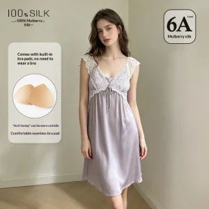 French Lace 100% Mulberry Silk Princess Chemise Sleep Dress with Bra Summer Loose Fit Nightdress Elegant Loungewear Nightgown PJ - AliExpress Women's Sleep & Lounge