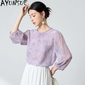 AYUNSUE 100% Real Mulberry Silk Blouse Women Nine Quarter Sleeved Butterfly Print Womens Tops Autumn Clothes 2026 New Ropa Mujer - AliExpress Shirts & Blouses