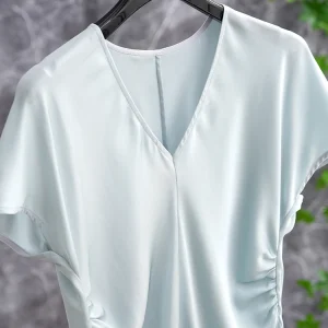 Silk V-neck Short-sleeved Women's Shirt Waist-cinching Slimming Blue High-end Top Commute Style Straight-cut Summer T-shirt - AliExpress Shirts & Blouses
