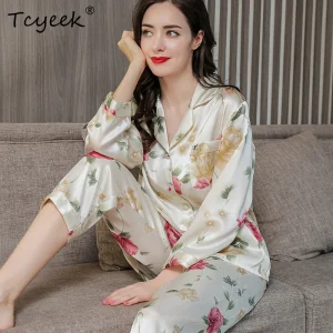 Tcyeek Fall 16MM 100%Real Mulberry Silk Pajama Set Women Satin Print Pyjama Pj Suit Long Sleeve Bedroom Sleepwear Set P36637QC - AliExpress Women's Sleep & Lounge