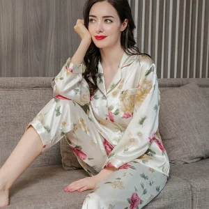 Plus Size 100% Mulberry Silk Pajama Set Women Long Sleeve Pants Spring Autumn Two Piece Sleepwear Floral Over Size Casual XXL - AliExpress Women's Sleep & Lounge