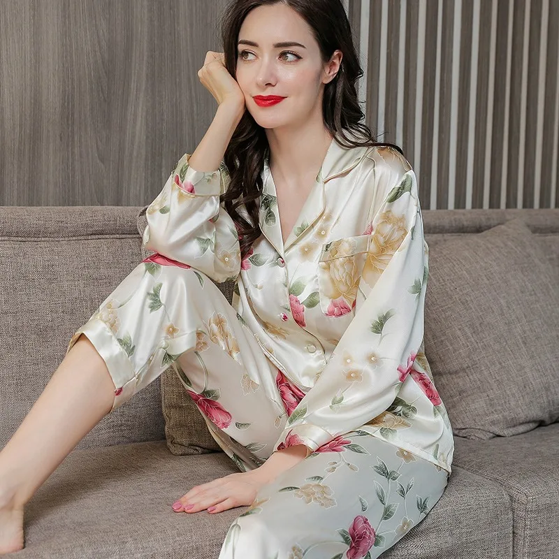 Plus Size 100% Mulberry Silk Pajama Set Women Long Sleeve Pants Spring Autumn Two Piece Sleepwear Floral Over Size Casual XXL - AliExpress Women's Sleep & Lounge