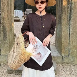 Linen Long Sve round Ne irt Women's Thin New Spring Casual Sle Loose Fit Pure Color irt Comfortable Breathable - AliExpress Shirts & Blouses