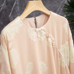 Elegant Embroidered Silk Blouse Women's Pink Asymmetrical Hemline round Neck Seven Sleeve Length Regular Fit Loose Style Shirt - AliExpress Shirts & Blouses