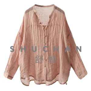 Literary Style Haute Couture 100 Linen Yarn Wrinkled Loose Long-sleeved Sunshade Shirt Women 41L1 - AliExpress Shirts & Blouses