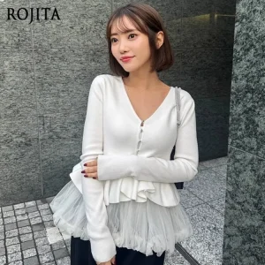 Japanese-style Sweet V-neck Women's Short Ruffled Long-sleeve Knitted Cardigan with Lantern Hem + Vest Two-piece Sets - AliExpress Sweaters&Jumpers