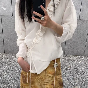 Heidd  Early Spring 2026 White Loose Long Sleeve Shirt with Bowknot Tying Waist Gored Lace Elegant Style Women's Shirt - AliExpress Shirts & Blouses