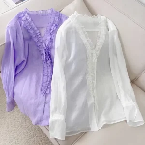 Ele Gentle Sle Women's Long Sve Linen irt Thin Single Button Cardigan Top with Bow Tie for Commuting And Casual Wear - AliExpress Shirts & Blouses