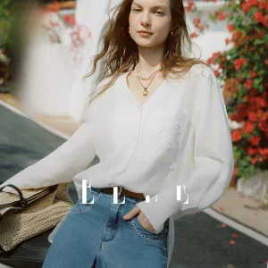 Elegance White Linen V-neck Shirt Women's Premium Feel Commute Style Long Sleeve Breathable Buttoned Closure Regular Fit - AliExpress Shirts & Blouses