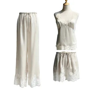Women 100% Mulberry Silk Camisole Set Pajamas French Lace Cami Top Back Tie Long Pants 19MM Sand Washed Satin Luxury Loungewear - AliExpress Women's Sleep & Lounge