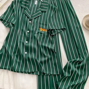 New sleepwear high-quality 100%   silk couple striped home clothes short sleeved pants thin set - AliExpress Women's Sleep & Lounge