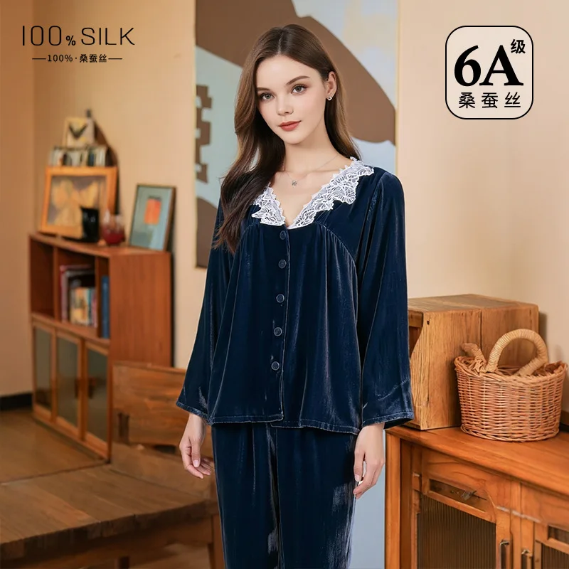 French Vintage Silk Velvet Pajamas Set Women Autumn Winter Elegant Satin Sleepwear Warm Long Sleeve Loungewear Chic Suit - AliExpress Women's Sleep & Lounge