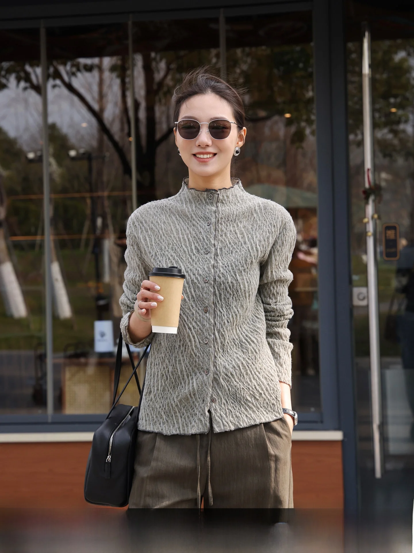 Green Textured Long Sleeve Shirt Women's Slim Fit Fashionable Folded Design Autumn New Style Versatile Top Breathable Skin-Fr... - AliExpress Shirts & Blouses