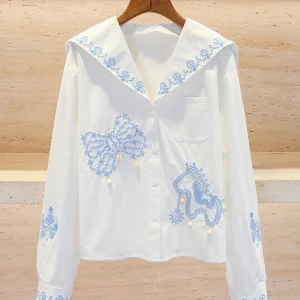 Naval Collar Embroidered Cartoon irt Women's Premium Faion Design Winter Long Sve ort Length Casual Busin irt - AliExpress Shirts & Blouses