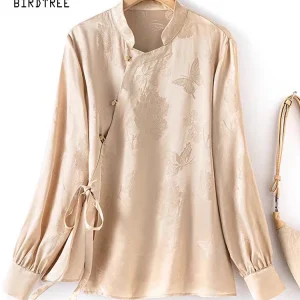 BirdTree-100%Real Silk Elegant Shirt, Women O Neck Jacquard Bandage, Retro New Chinese Style Loose Blouse, 2025 Summer T55353CC - AliExpress Shirts & Blouses