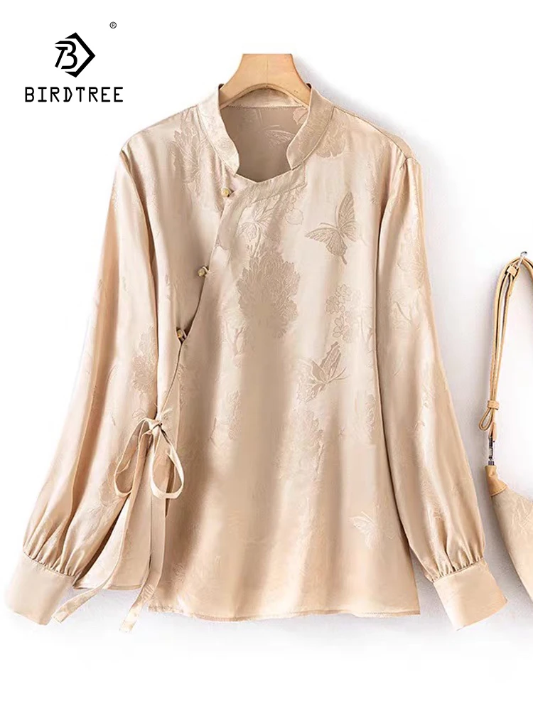 BirdTree-100%Real Silk Elegant Shirt, Women O Neck Jacquard Bandage, Retro New Chinese Style Loose Blouse, 2025 Summer T55353CC - AliExpress Shirts & Blouses