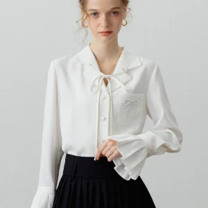 Eggka White Casual Long Sve Women's irt Autumn Korean Sle  Knot Tie Design Sense Top with Lace Hem - AliExpress Shirts & Blouses