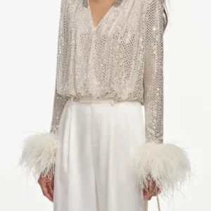 Feather Cuff Women Fashion Shirt Sequins V-Neck Long Sleeve Ladies Loose Blouse Top - AliExpress Shirts & Blouses