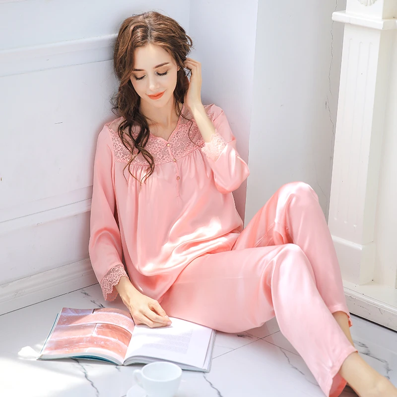 Women's Silk Loungewear 100% Mulberry Silk Pullover Sleepwear Long Sleeve Pajamas Pants Set Outdoor Casual Home Outfit Pyjamas - AliExpress Women's Sleep & Lounge