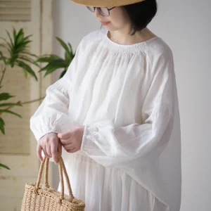 Loose Fit Japanese Style Linen Shirt Drawstring Lantern Sleeve Large round Neck Pullover Women's Comfortable Breathable Top - AliExpress Shirts & Blouses