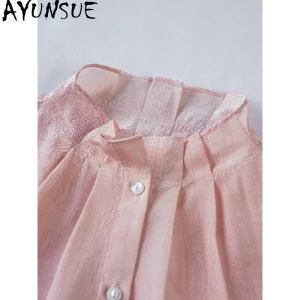 AYUNSUE 100% Silk Women's Blouses and Shirts French Solid Long Sleeve Tops for Woman Stand Collar Pink Top Woman Clothes 블라우스 - AliExpress Shirts & Blouses