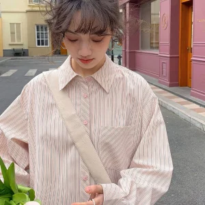 MELLIIY Spring 2026 Loose Fit Double Breasted Pink Striped Long Sve Women's irt Korean Sle Commute Faion Polyester F... - AliExpress Shirts & Blouses