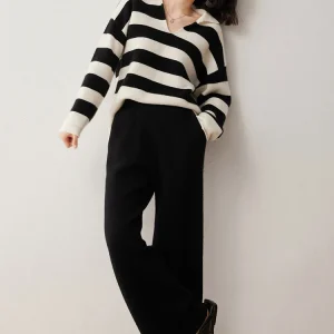 Women Black White Striped Contrasting Pullover Sweater 100% Cashmere Knitwear Polo Collar Autumn Winter Loose Display Style Tops - AliExpress Sweaters&Jumpers