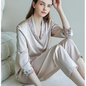 100% Mulberry Silk Women Embroidery Lace Pajamas Set Button Down Tops & Pants Pajama Nightwear Leisure Lapel Pijamas Loungewear - AliExpress Women's Sleep & Lounge