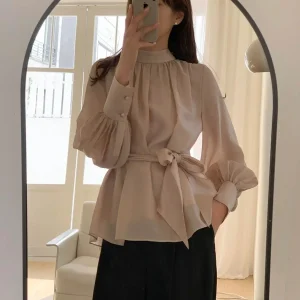 Elegant Silk Shirt Women's Loose Fit Knot Tunic Top Korean Style Commute Fashion plus Size Slimming Trendy Autumn N... - AliExpress Shirts & Blouses