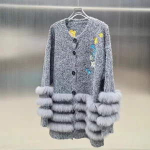 New Women Spring Autumn Top Clothing Female Knitted Cardigans with Real Fox Fur Stripe V-neck Flower Real Fur Sweater Coat - AliExpress Sweaters&Jumpers