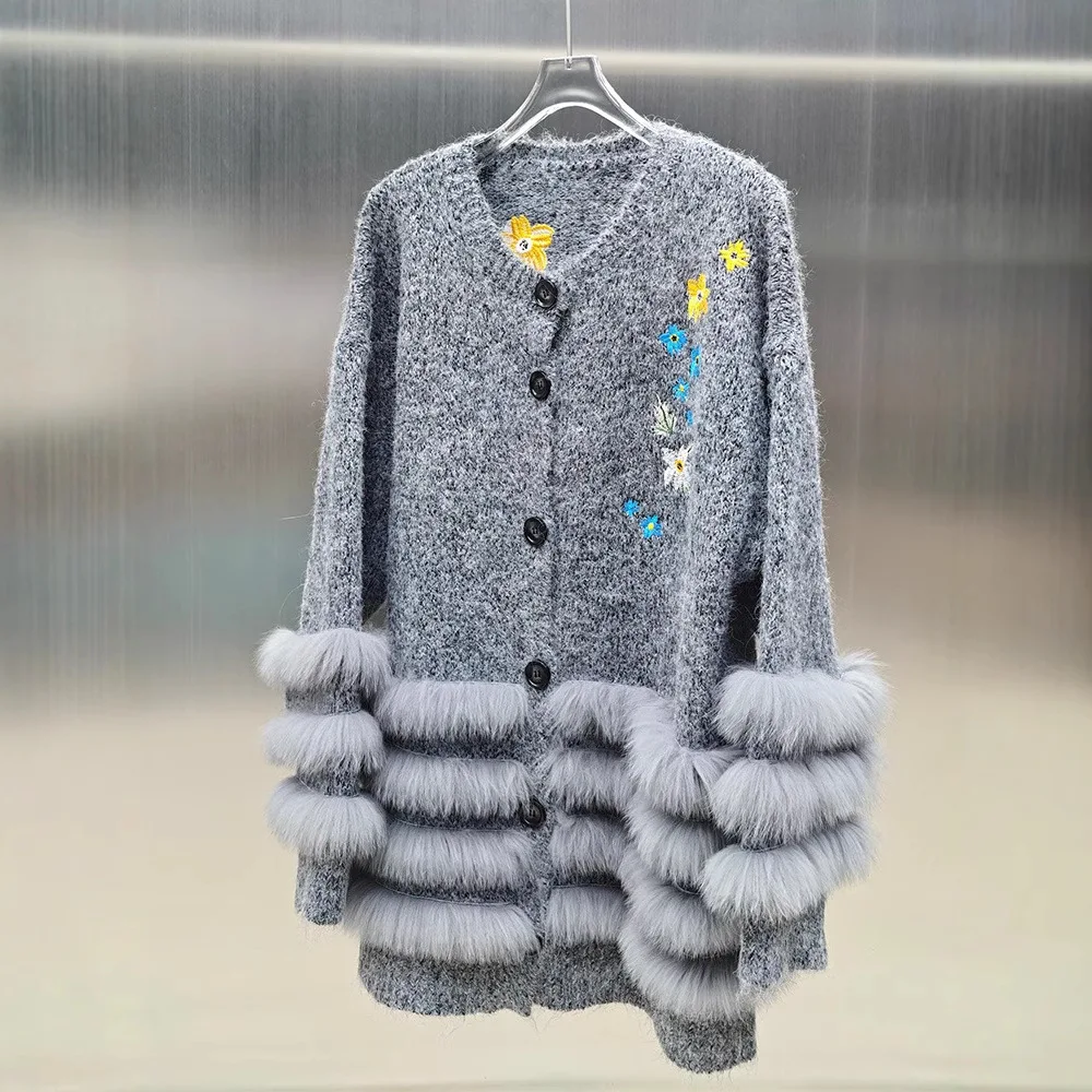 New Women Spring Autumn Top Clothing Female Knitted Cardigans with Real Fox Fur Stripe V-neck Flower Real Fur Sweater Coat - AliExpress Sweaters&Jumpers