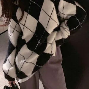 Oversized Argyle Pattern Crew Neck Knit Sweater for Women - AliExpress Sweaters&Jumpers