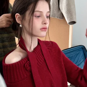 Red One-oulder Knitted Sweater with Sa Ele lectual Sle Casual oulder Length Soft Acrylic Nylon Polyester Blend - AliExpress Sweaters&Jumpers