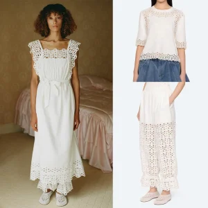 French Sle Loose Women's Dr Hollow out Lace Trim Square Collar Spring Summer Cotton Midi Dr Waist Cinched Trousers - AliExpress Shirts & Blouses