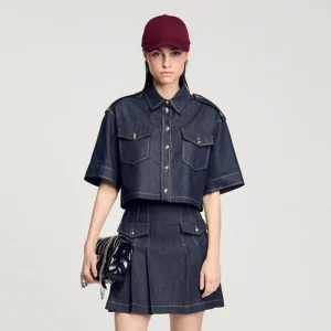 Deep Blue Denim Shirt Style Top Women's Retro Early Autumn New Arrival Cotton 100% Short Sleeve Button Design OL Style - AliExpress Shirts & Blouses
