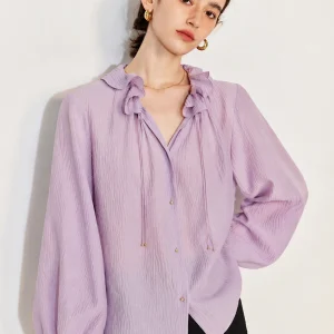 Silk Bubble Lantern Sleeve Blouse Women's French Style Loose Fit Breathable Long Sleeve Floral Collar Vacation Mood Shirt - AliExpress Shirts & Blouses