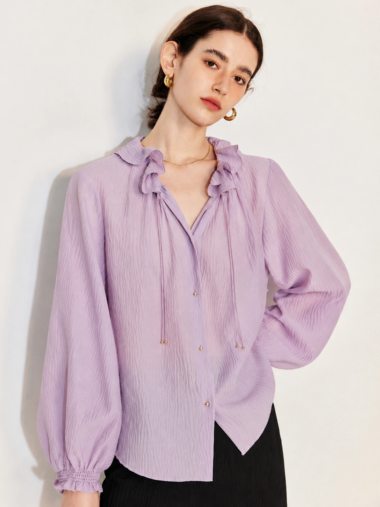 Silk Bubble Lantern Sleeve Blouse Women's French Style Loose Fit Breathable Long Sleeve Floral Collar Vacation Mood Shirt - AliExpress Shirts & Blouses