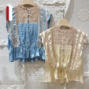 Romantic Lace Patchwork Drawstring Waistless Sleeveless Pleated Shirt HEIDD Summer 2026 Women's Fashion Romantic Style - AliExpress Shirts & Blouses