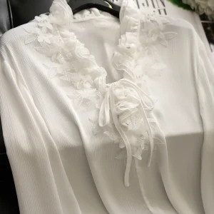 Handmade Crystal Feel Pleated Texture Shirt V-neck Sash Women's Top Korean Single Material Floral Embellishment Loose Fit - AliExpress Shirts & Blouses