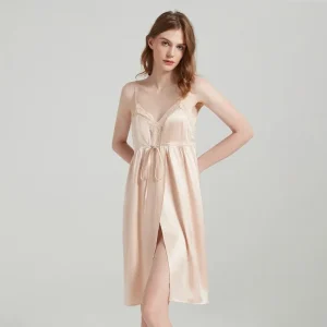 Bow Tie 100% Mulberry Silk Sling Nightgown 19 Momme Real Silk Sleeveless Pajama Dress Sleepwear Sexy Lace Women Split Nightdress - AliExpress Women's Sleep & Lounge