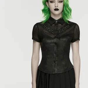 Punk Style Women's Short Sleeve Shirt Patchwork Mesh Waist Cinching Black Decorative Chicken Eye Top Fashionable Casual Shirt - AliExpress Shirts & Blouses